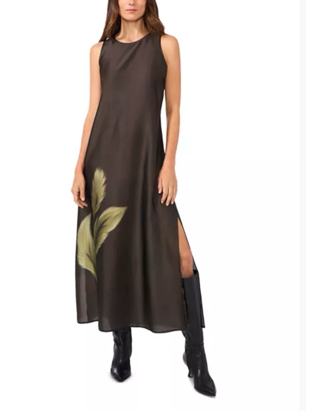 Vince Camuto round neck tank dress with Green Leaf Print